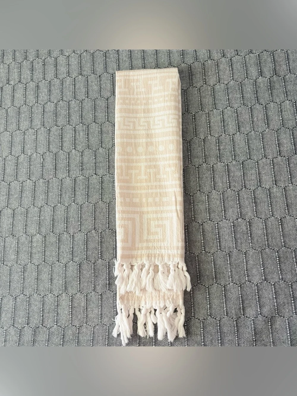 Turkish Cotton Hand Towel Greek Key Beige White Fringe Neutral‎ Fast Drying